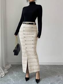 SHEIN Elenzya Chân váy maxi dáng suông cạp cao, xẻ tà, cài khuy ngọc trai, chất liệu len pha, thích hợp cho các dịp thường ngày, tiệc tùng, mùa thu/đông. - Màu be - Xem 5
