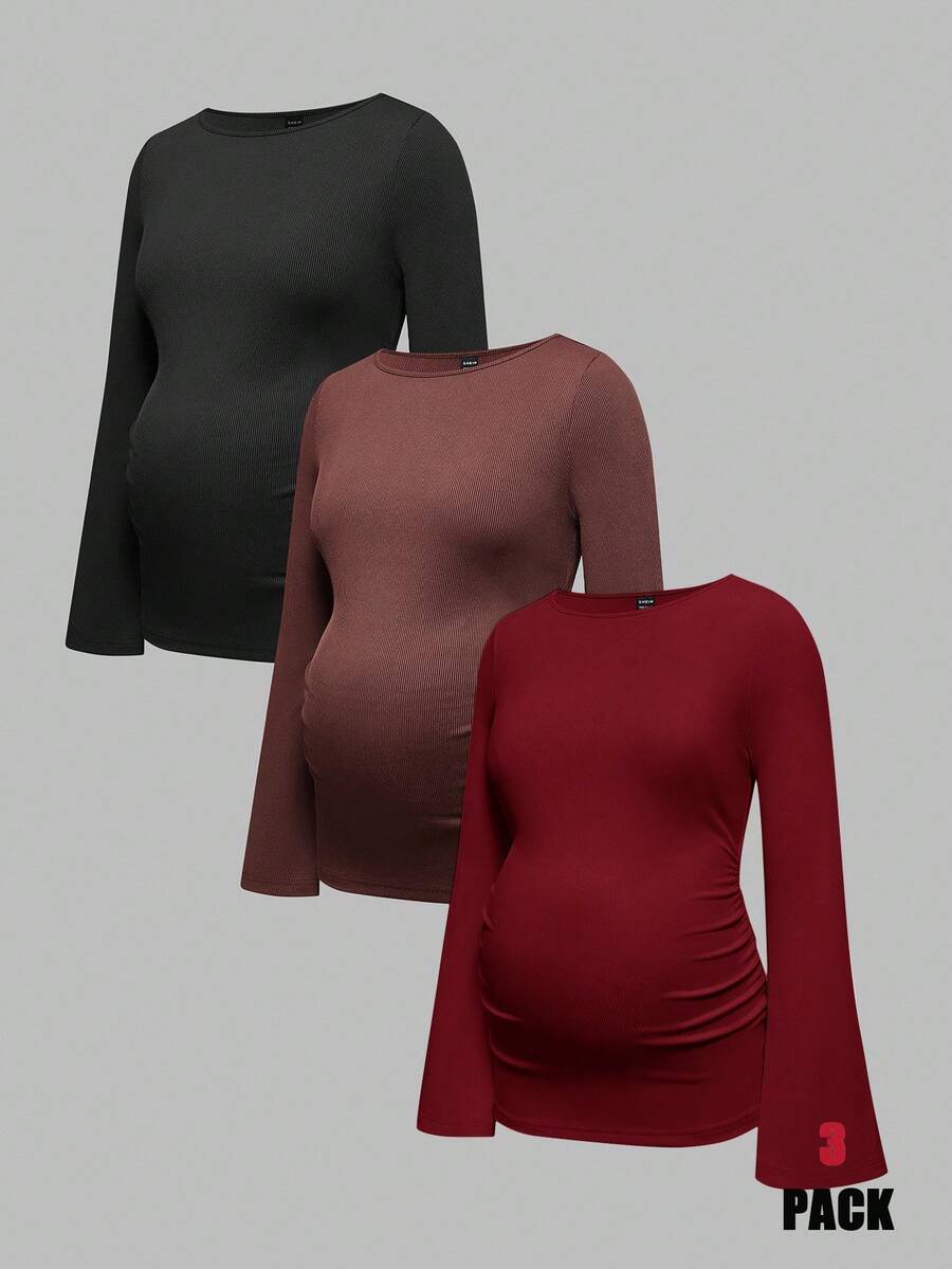 SHEIN Maternity Solid Color Round Neck Flare Sleeve Fitted Casual T-Shirt - Multicolor - View 1
