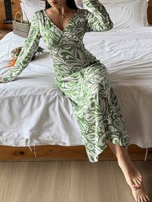 DAZY Charming Floral Print Cinched Waist Long Nightgown For Women Pajamas - Green - View 7