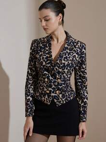 Aveloria Rosie Leopard Print Random Pattern Gold Button Cropped Boxy Shoulder Elegant Versatile Women Blazer Jacket - Multicolor - View 1