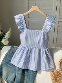 Franclia 2026新款女士蓝白条纹方领衬衫，荷叶边袖口，双层荷叶边饰边，短款休闲办公简约度假风 - 藍白色 - 查看 4