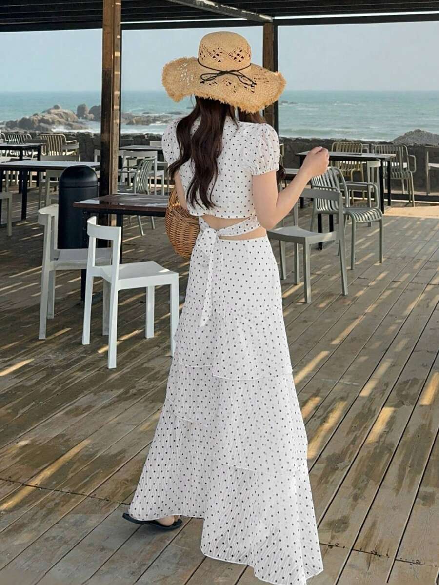 DAZY Women's Polka Dot Short Sleeve Blouse And Long Cake Skirt Casual 2 Pieces Set - White - View 1