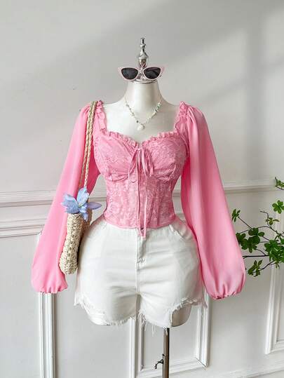 SHEIN EZwear Blusa romántica con mangas farol, encaje y parches, cuello cuadrado y acolchado, talla grande, adecuada para citas y fiestas, otoño/invierno