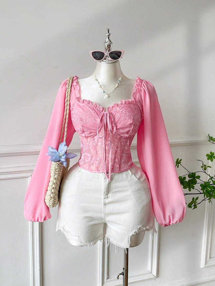 SHEIN EZwear Áo kiểu nữ cỡ lớn tay phồng, phối ren, cổ vuông, có đệm mút, kiểu dáng lãng mạn, thích hợp cho hẹn hò và tiệc tùng, mùa thu/đông. - Hồng - Xem 1