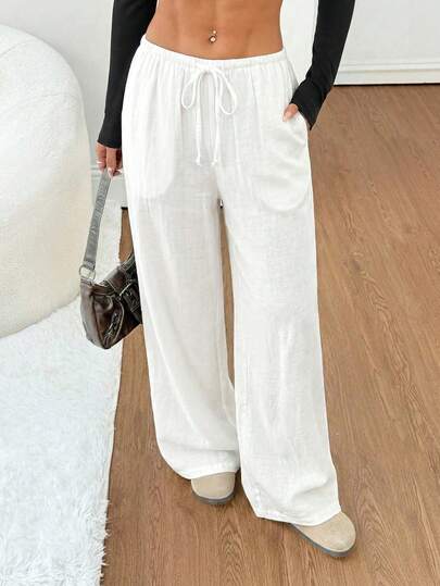 SHEIN PETITE Women's Black Solid Color Linen Low-Waist Straight-Leg Casual Pants, Suitable For Short Stature, Summer & Autumn