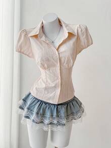 Sweetra 法式甜美泡泡袖粉色100%纯棉提花梭织镂空设计收腰夏季女式衬衫 - 粉色 - 查看 1