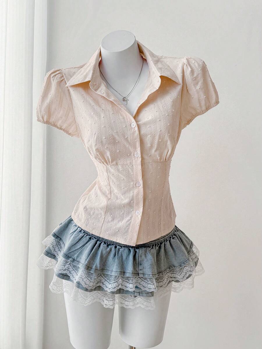 Sweetra 法式甜美泡泡袖粉色100%纯棉提花梭织镂空设计收腰夏季女式衬衫 - 粉色 - 查看 1