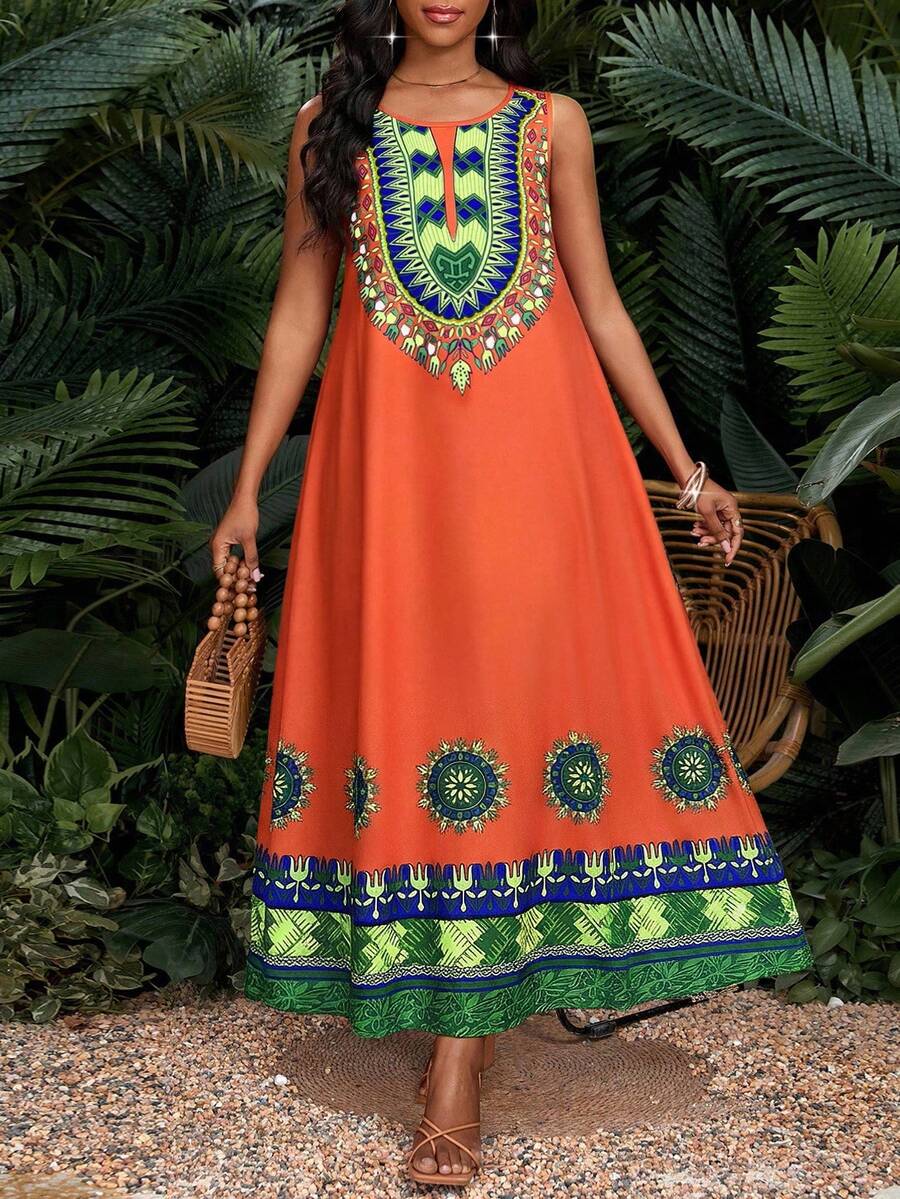 SHEIN Lady 女士印花圆领无袖休闲宽松中长连衣裙 - 彩色 - 查看 1