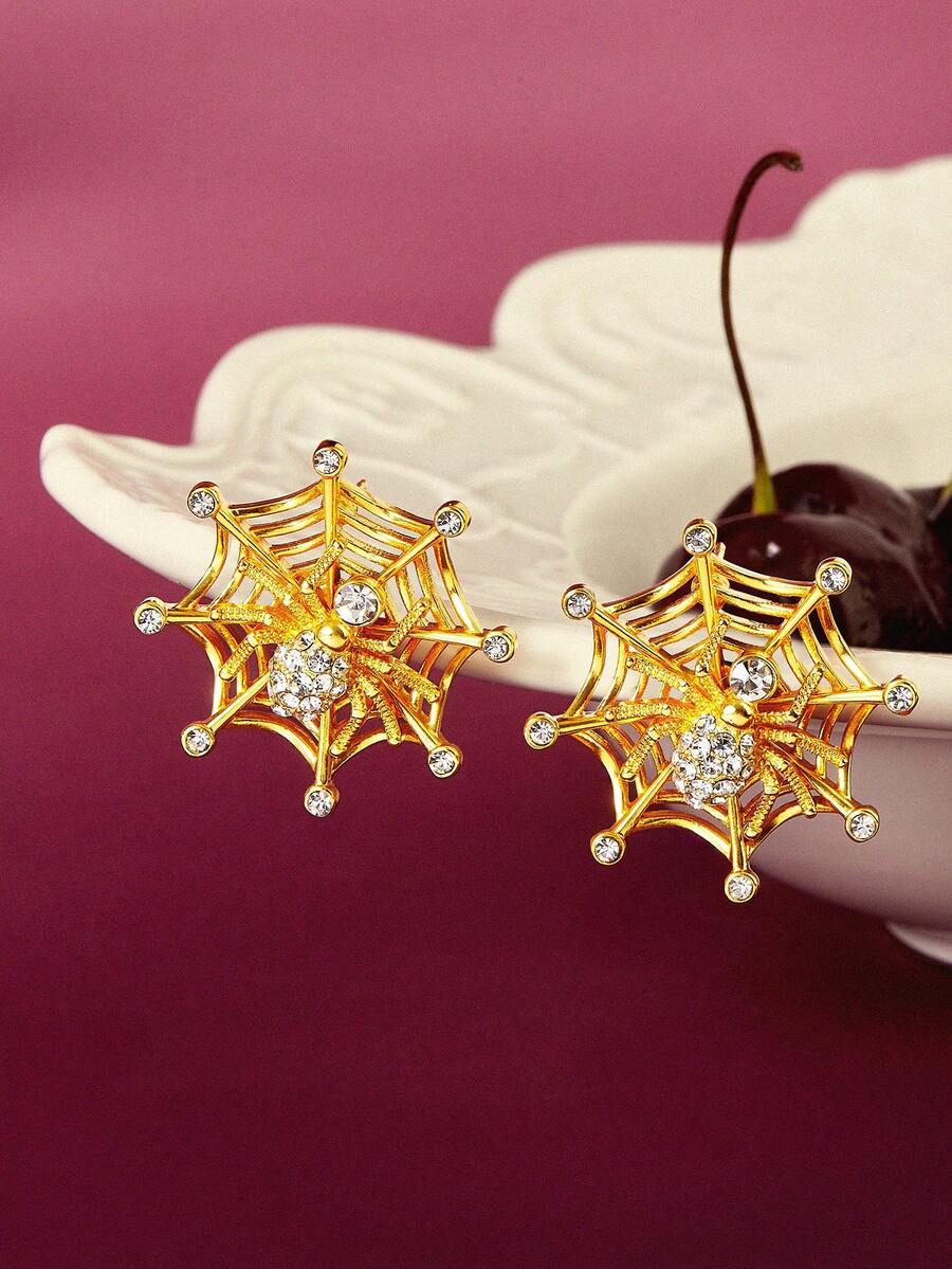 Glisma Elegant Fashion Spider Web Design Earrings With Rhinestones, Graceful Charm, Gift For Women, Old Money,Outfits,Classy,Metallic/Texture,Vintage,Elegant,For Mom/Women/Girl/Mother,Gemstone Outfits, Old Money,Metallic/Texture,Gemstone,For Mom/Women/Girl/Mother,Premium,Vintage,Classy,Gold,Easter,Travel/Beach/Vacation,Boho,Grunge - Gold - View 1