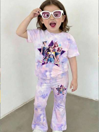 SHEIN 2pcs/Set Young Girl Casual Cartoon Pattern Round Neck Short Sleeve Top And Flare Pants Outfit, Suitable For Summer  Cool Girls K-Pop Girls Spring/Summer Casual Wear Perfect For Outings, Street Style & Hip-Hop Vibes Effortlessly Comfortable Fashionable Girls' Casual Wear New Arrivals Back-To-School Season Unique Perspective Modern Fashion Back-To-School Season