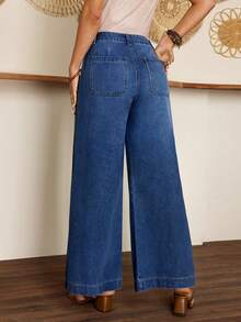 SHEIN LUNE Women's Vacation Casual Washed Wide Leg Jeans - Blue - View 2