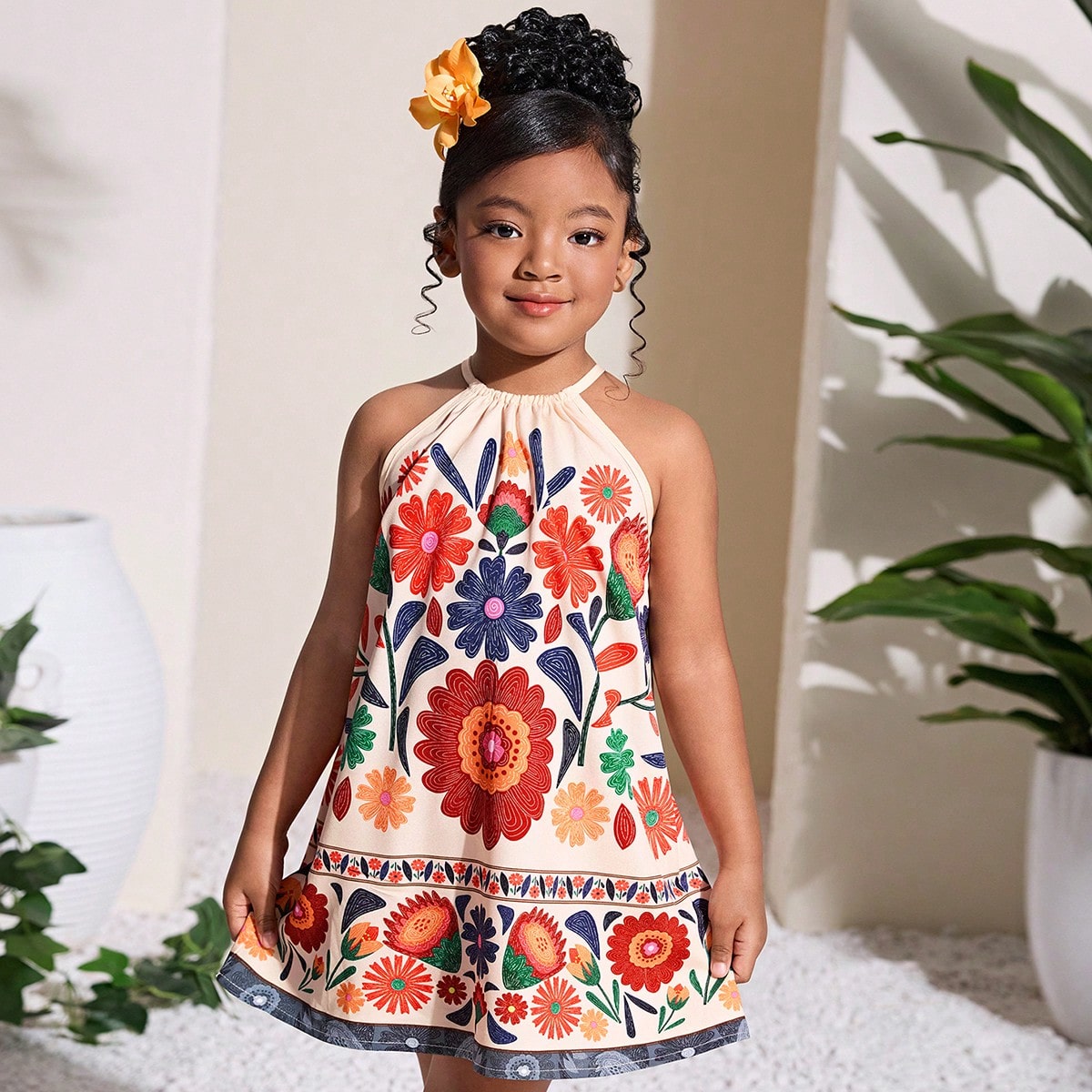 Vestido holgado de línea A con cuello de halter y estampado floral tropical para niñas, casual, de moda, versátil, adecuado para fiestas, salidas,