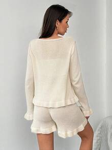SHEIN Cute Ruffle Hem Knit Cardigan Top And Mini Shorts Set - Apricot - View 2