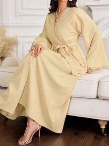 Yasmyna Women's Geometric Embroidery Overlap V-Neck Dropped Shoulder Long Sleeve Elegant Arabic Dress - Yellow - View 7