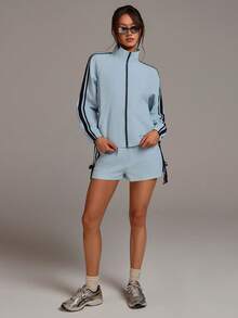 Athîral 女士侧条纹插肩袖休闲运动夹克 - 藍色 - 查看 3