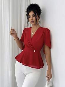 Rafferiza Áo kiểu dáng thanh lịch cổ chữ V, tay phồng, chất liệu chiffon đỏ, ôm sát eo, thiết kế độc đáo, phong cách vintage dành cho nữ. - Đỏ - Xem 3