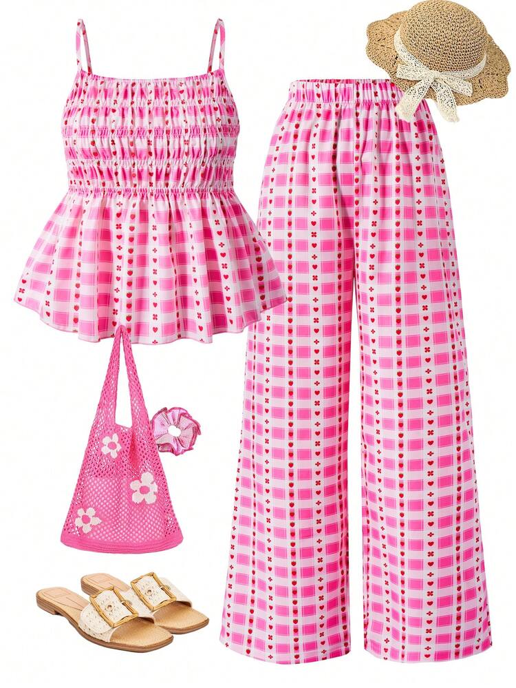Teenage Girls Sweet Vacation Casual Camisole Top And Wide Leg Pants Set, Outdoor Party Activities Comfortable Camisole, Pink Plaid Heart Pattern In Pink And White Girls Summer Two Piece Set Pink Plaid Two Piece Set Girls Summer Skirt Set Pink Skirt Set - Pink - View 5