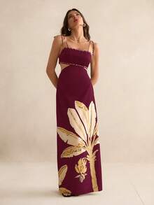 SHEIN Tall 女士波西米亚风香蕉树印花露腰露背无袖黑色连衣裙，假日休闲夏季连衣裙 - 酒紅色 - 查看 7