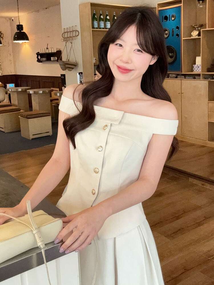 2pcs Women's Korean Design Button Off-Shoulder Top & Skirt Set, Fashionable & Elegant
