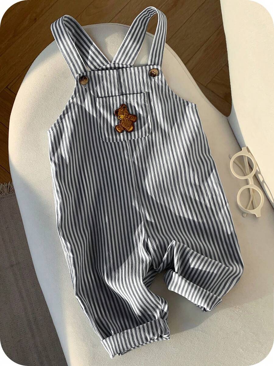 SHEIN Bộ áo liền quần yếm cho bé trai kiểu dáng thường ngày, dễ thương, đa năng, họa tiết sọc hoạt hình hình gấu. - Đen và trắng - Xem 1