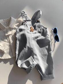 SHEIN Bộ áo liền quần yếm cho bé trai kiểu dáng thường ngày, dễ thương, đa năng, họa tiết sọc hoạt hình hình gấu. - Đen và trắng - Xem 7