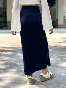 SHEIN Tween Girls' Casual Elegant Slit Skirt - Navy Blue - View 2