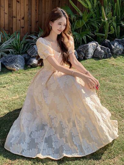 DAZY Women's Puff Sleeve Party Birthday Korean Style Floral Elegant Long Dress