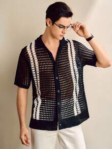 Manfinity Homme Áo khoác cardigan nam phong cách casual, phối màu lấy cảm hứng từ các blogger thời trang, kiểu dáng khoét rỗng, thích hợp cho kỳ nghỉ. - màu đen - Xem 5