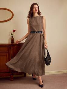 Vintamour Elegantes Vintage-Kleid für Damen, figurbetontes Bootausschnitt-Etuikleid mit ärmellos für Frühling/Sommer, in Grau, mit Taschen, Gürtel und ausgestelltem Saum, Langes Kleid - Braun - Übersicht 5