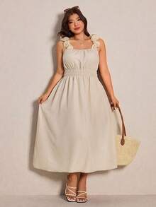 Elaquor Plus Size Women Solid Color Square Neck Ruched Waist Dress,Beige Summer Elegant Tea Party Wedding Guest Holiday Casual Beach Vacation Sun Dress - Apricot - View 6