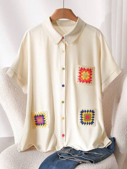 CosyJoli Camisa de manga corta con botones y bordados para mujer de talla grande para uso diario y casual