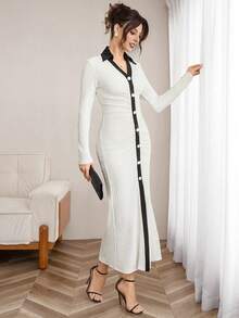 Opuloom فستان طويل أنيق للنساء في الربيع، ذو ياقة منقلبة باللونين الأسود والأبيض، بأكمام طويلة مضفرة، خصر مربوط، أزرار لؤلؤية، مناسب للارتداء اليومي، العمل، الخروج، المواعيد، العشاء، العطلات - متعدد الألوان - مشاهدة 5