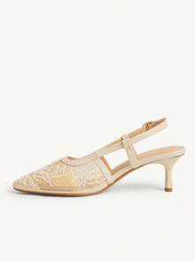 CUCCOO CHICEST Women's Square Toe Mid-Heel Beige Embroidered Mesh Beaded Elegant Party Ankle Strap Pumps - Beige - View 4