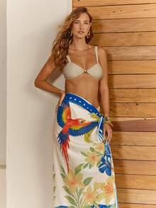 CAJUNI Women's Floral & Parrot Print Twist Design Casual Beach Cover-Up & Skirt Set - Multicolor - View 5