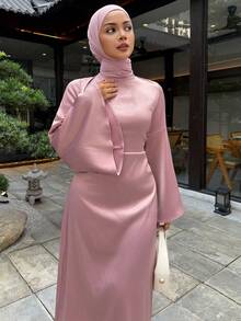 DAZY Modest Dusty Pink Long Dress With Flared Sleeves For Women Wedding Ninang,Autumn Elegant Formal Party Sundress,Spring/Summer Shawl Scarf Wrap Set - Pink - View 6