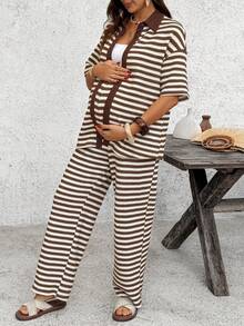 SHEIN 2pcs Maternity Set:Loose Short Sleeve Button Front Top And Comfortable Breathable Pants Cute Outfit Summer Outfits Beach Casual Holiday - Brown - View 3