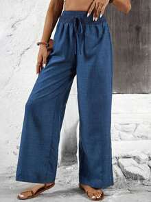 Women's Solid Color Pants With Super String Belt - Blue - View 6