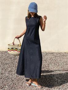 Livesso Sleeveless Denim Dress With Waist Seam For Women - Blue - View 8