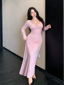 DAZY 碎花修身V领褶皱腰长款睡裙，女士家居服 - 淺粉色 - 查看 7