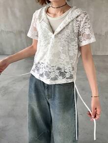 FRIFUL Áo kiểu nữ có mũ trùm đầu, ren trang trí, dây rút, dáng rộng. - màu đen - Xem 3