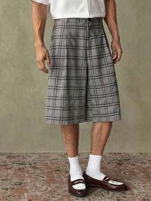 SWAVVY Men's Casual Plaid Pleated Loose Shorts, Summer Men's Relaxed Fit Shorts Grey Shorts For Men Checkered Shorts Pleated Shorts Men Plaid Shorts Plaid Pleated Shorts Men Shorts - Grey - View 5