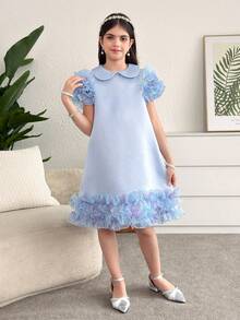 SHEIN Vestido de línea A con bloque de color y cuello con volantes para niña preadolescente - Celeste - Ver 4