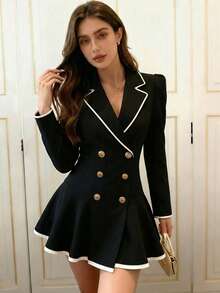 Glamine Women's Romantic Elegant Contrast Binding Lapel Collar Double-Breasted Waist Suit Jacket, Spring/Autumn - Black - View 3