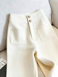 Franclia Quần ống rộng cạp cao thanh lịch, túi trang trí bằng hai khuy kim loại, quần tây thường ngày phù hợp cho công sở và đi làm, tôn dáng và sang trọng, chất vải cứng cáp, thiết kế ống rộng che khuyết điểm, chi tiết khuy kim loại tinh tế, cạp cao, có túi, quần ống rộng dáng suông màu be. - Màu be - Xem 3