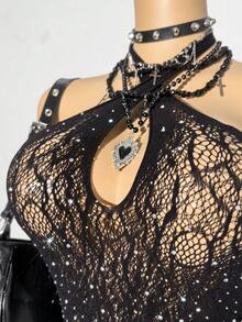 EgrlEra Vestido mini con escote halter y cruzado con adornos de strass para mujer - Negro - Ver 4