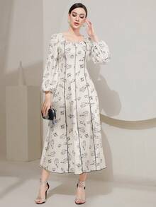 Modelyn Đầm maxi tay phồng in hoa dành cho nữ. - Màu be - Xem 6