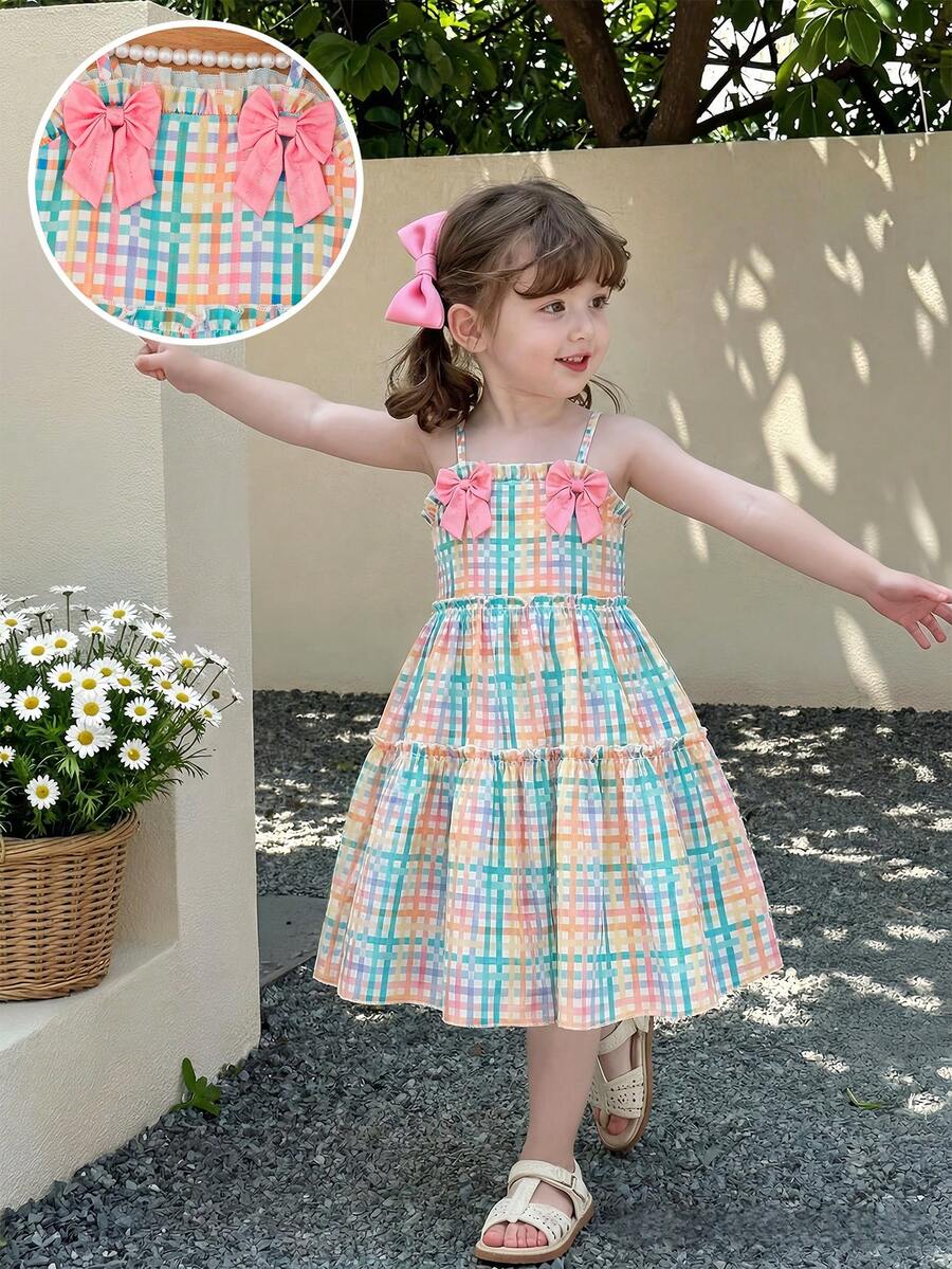 SHEIN Elladie kids 女童彩色格子印花蝴蝶结荷叶边A字连衣裙,休闲、沙滩、派对、可爱夏季装扮 - 彩色 - 查看 1