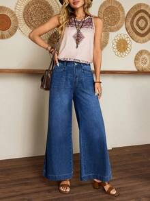 SHEIN LUNE Women's Vacation Casual Washed Wide Leg Jeans - Blue - View 6