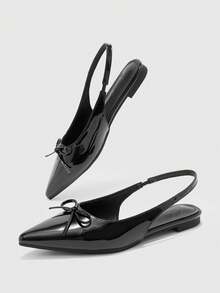 CUCCOO BIZCHIC Zapatos planos para mujer, mulas con punta puntiaguda de charol negro y lazo, diseño con tira trasera, textura suave, zapatos elegantes de oficina - Negro - Ver 10