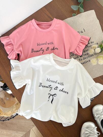 Genkimix Kids 2pcs/Pack Young Girl Ballet Bow Print Flutter Sleeve T-Shirts, Young Girl Spring Summer Ruffle Trim Tops, Pink And White Color